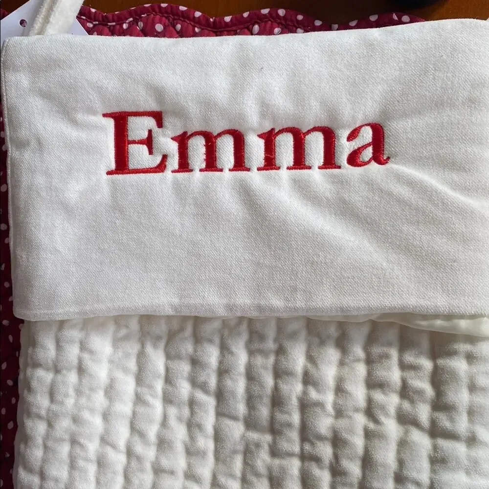 New Pottery Barn Ivory w RED “EMMA” Embroidery Large Channel Quilted Stocking